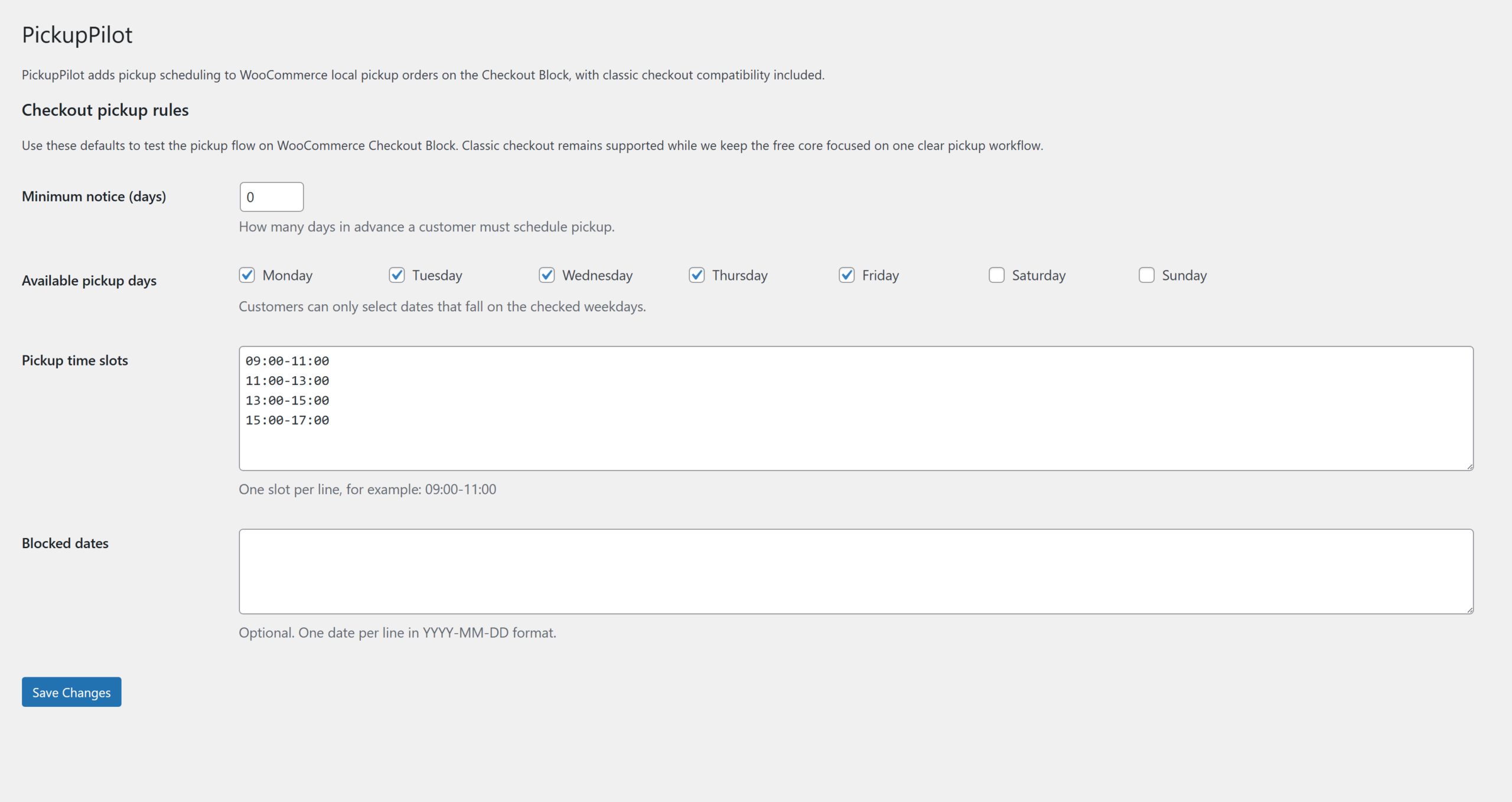 PickupPilot settings showing minimum notice, available pickup days, time slots, and blocked dates.